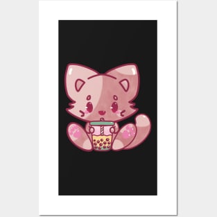 Cat bubble tea kawaii cute adorable chibi hand painted Posters and Art